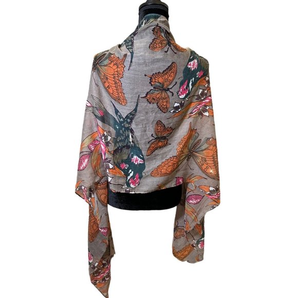 Unbranded Scarf Womens Long Rectangle Bird Butterfly Brown Green Fringe - Picture 5 of 9